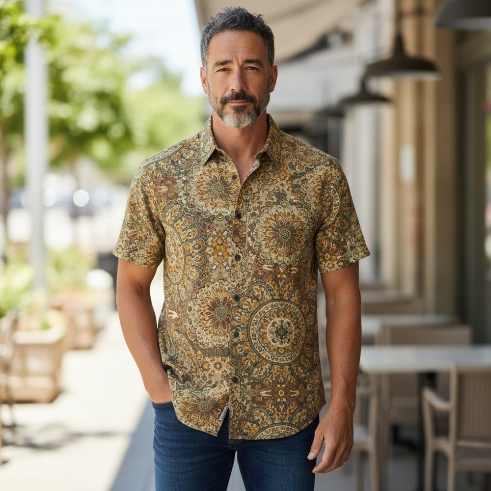 Vatpave Button Down Shirt XXL Brown Floral Paisley Short Sleeve Cotton Blend